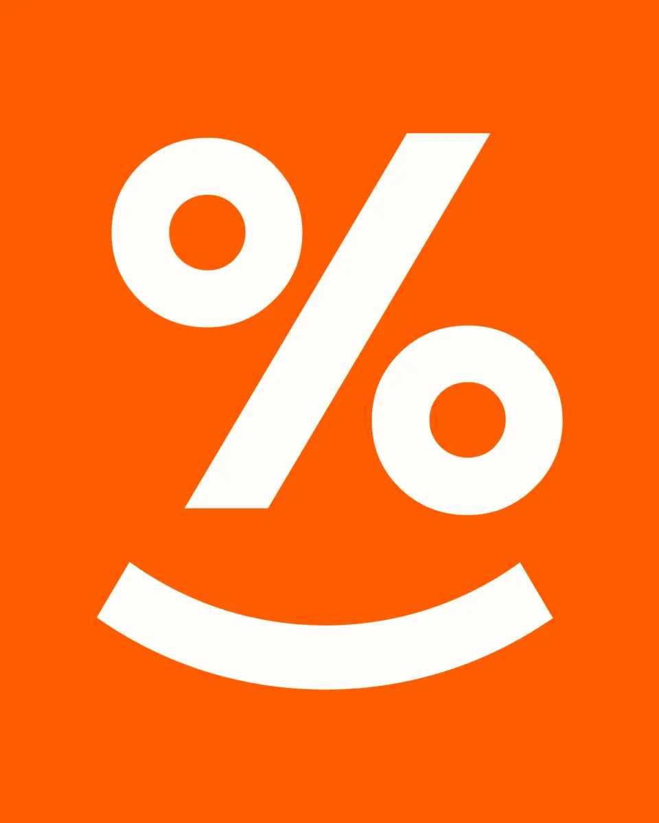 White percent sign with a smile on an orange background