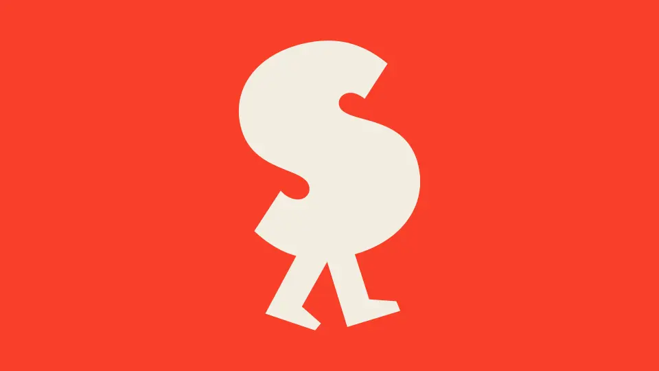White dollar-sign-style mark on a red background
