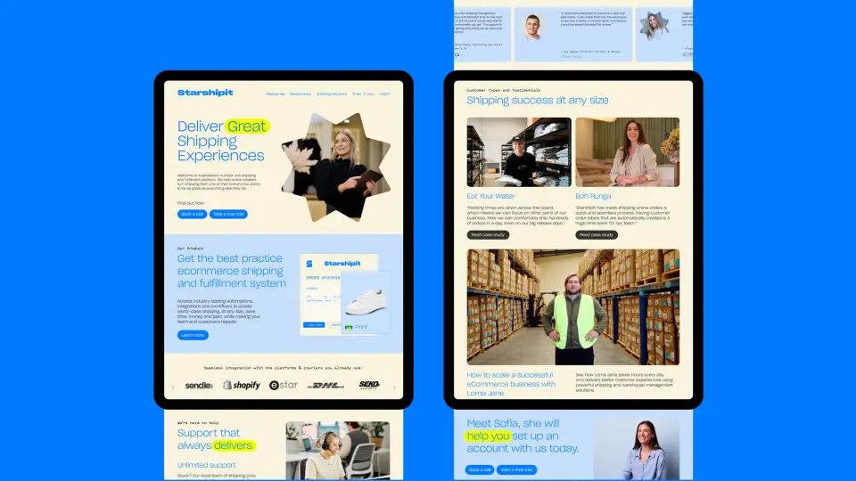 Starshipit website screens in blue and white