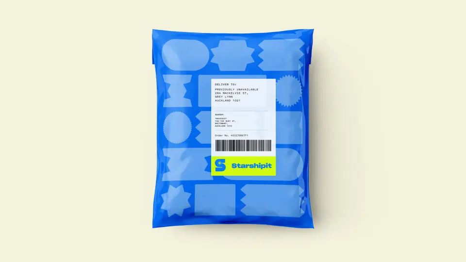 Blue Starshipit satchel-style packaging on cream