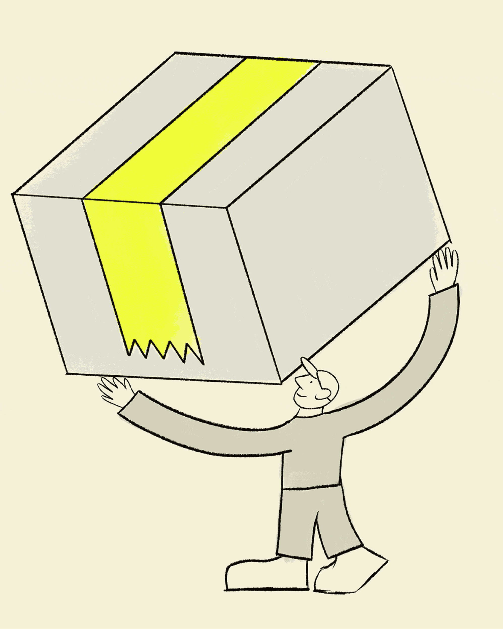 Illustrated character carrying a cardboard box with yellow tape