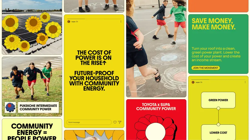 Supa Energy posters in yellow, green and red with sunflower imagery