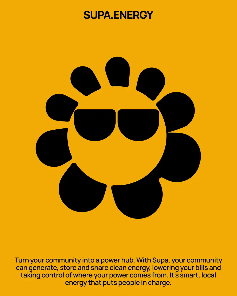Black flower-with-sunglasses mark on a yellow background, Supa Energy