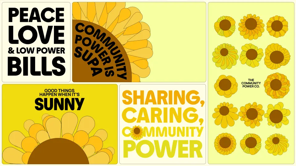 Supa Energy poster “Peace, love and low power bills” with sunflower pattern