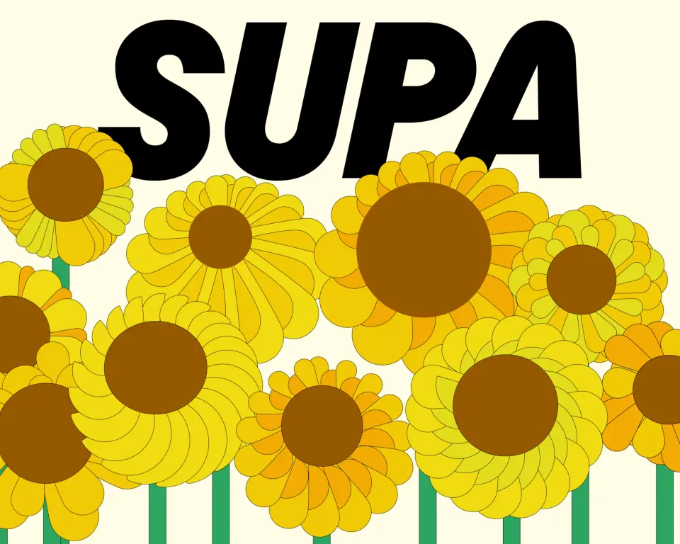 Supa wordmark above a field of illustrated sunflowers