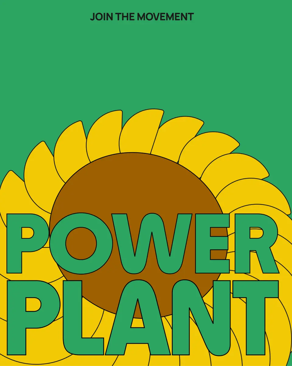 Supa “Power Plant” poster with a large sunflower and green lettering