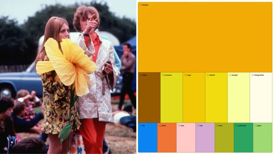 Two people in colourful clothes beside a yellow Supa colour palette