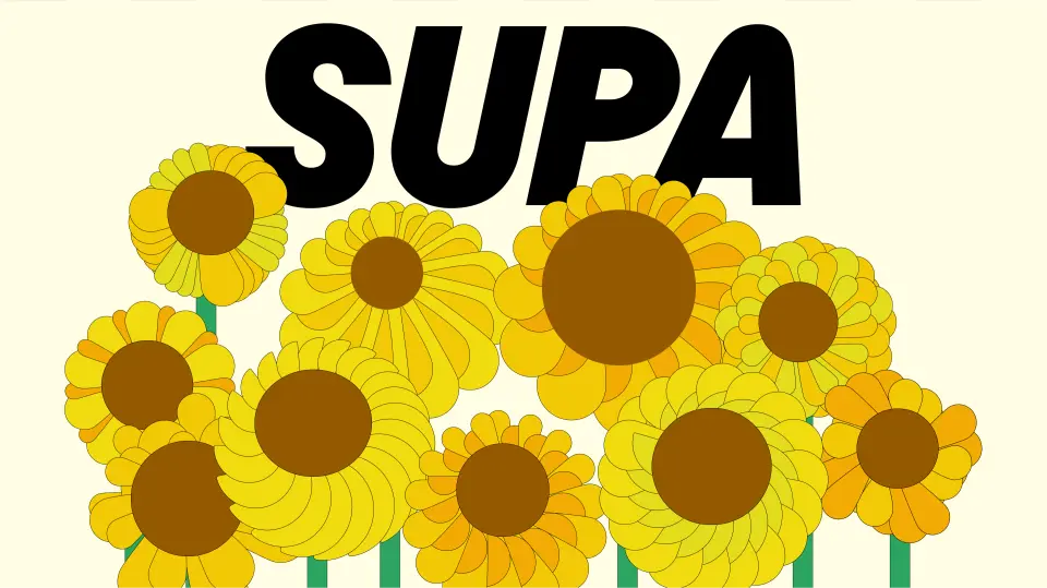 Supa wordmark above a row of sunflowers