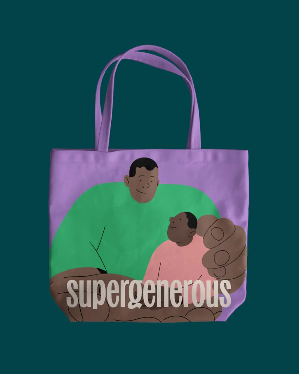 Supergenerous tote bag with an illustration of two people embracing