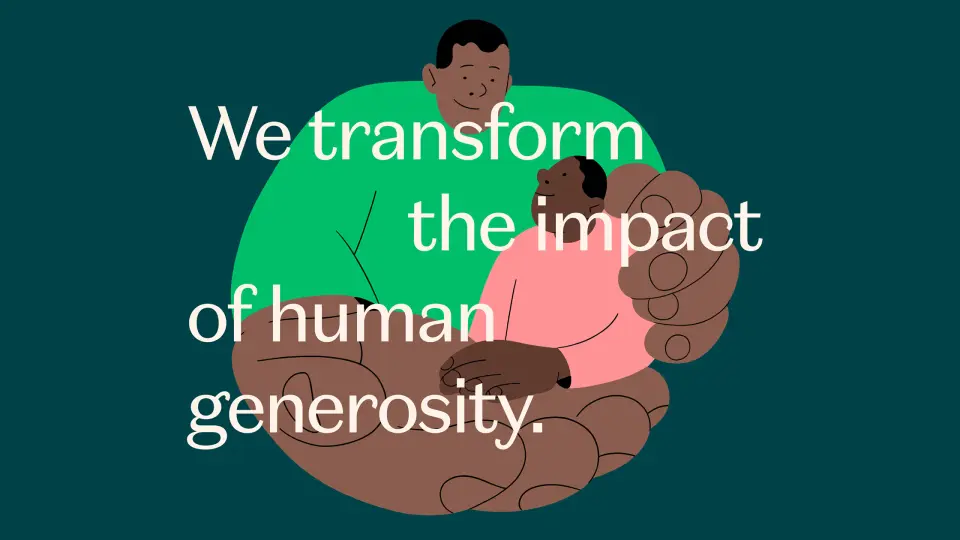 Supergenerous slide “We transform the impact of human generosity” on dark green
