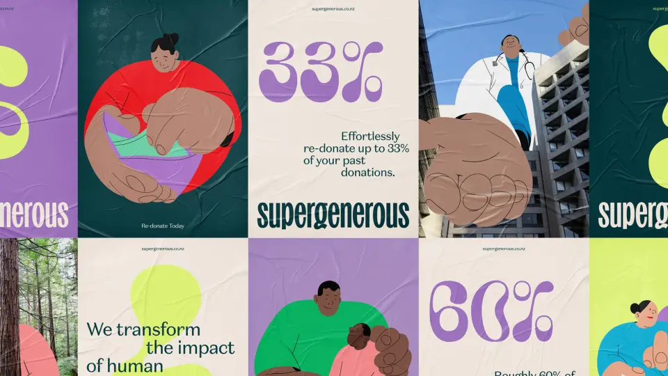 Collage of Supergenerous brand tiles with statistics and illustrations