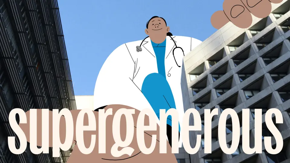 Supergenerous wordmark with an illustration of a figure in a white coat