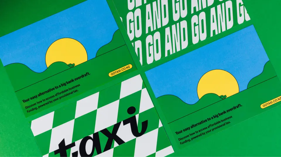 Taxi posters in green checks with a yellow sun graphic