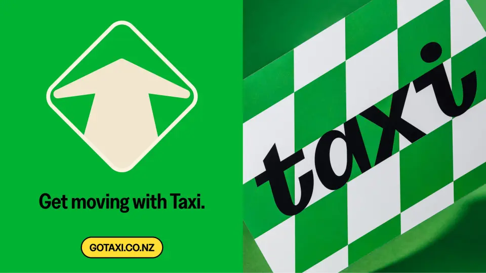 Taxi poster “Get moving with Taxi” with a white arrow on green