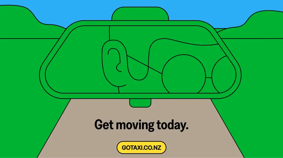 Taxi illustration of a car seen from above on green with “Get moving today”