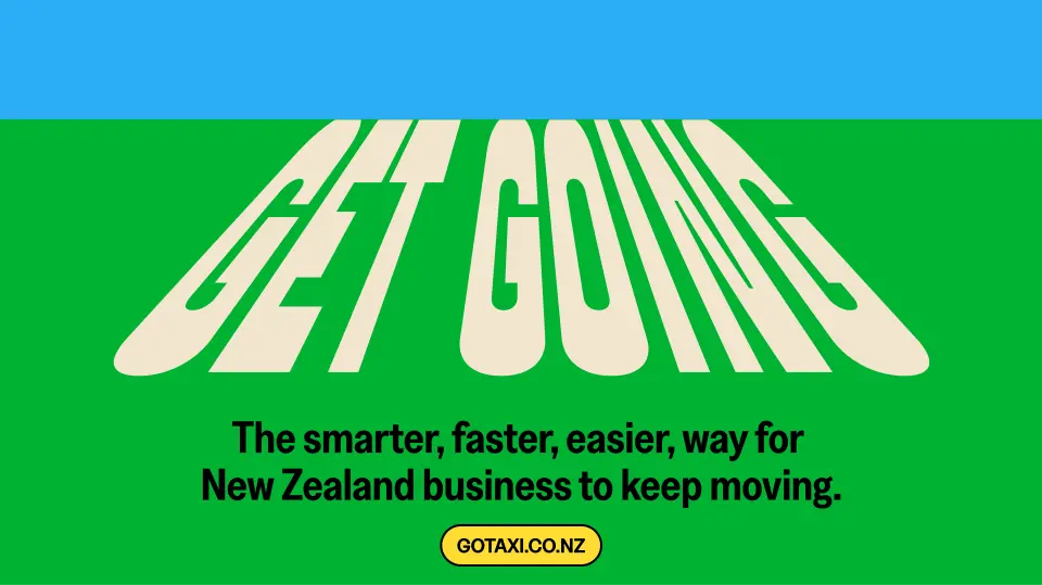 Taxi billboard “Get going” on a green and blue background
