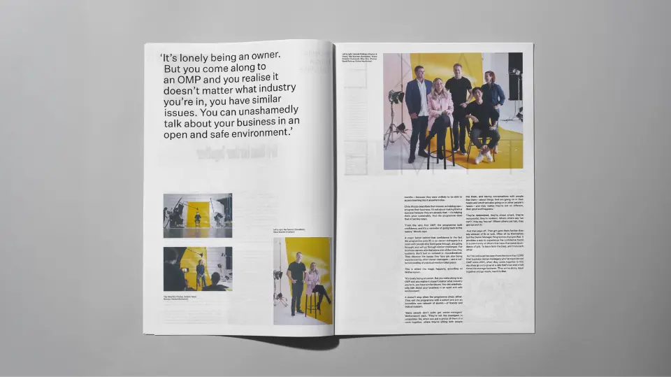 Icehouse anniversary publication spread with photos and text columns