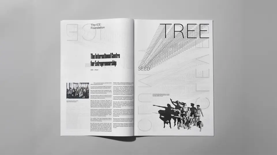 Icehouse anniversary publication spread with a “Tree” illustration