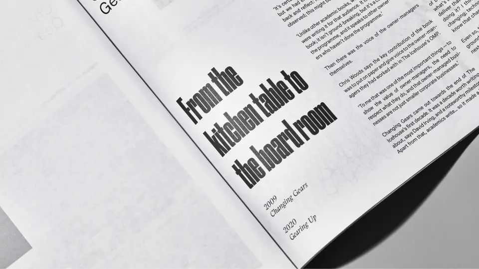 Icehouse anniversary publication spread with bold headline type