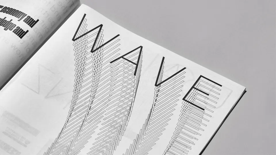 Icehouse anniversary publication spread with large “Wave” lettering