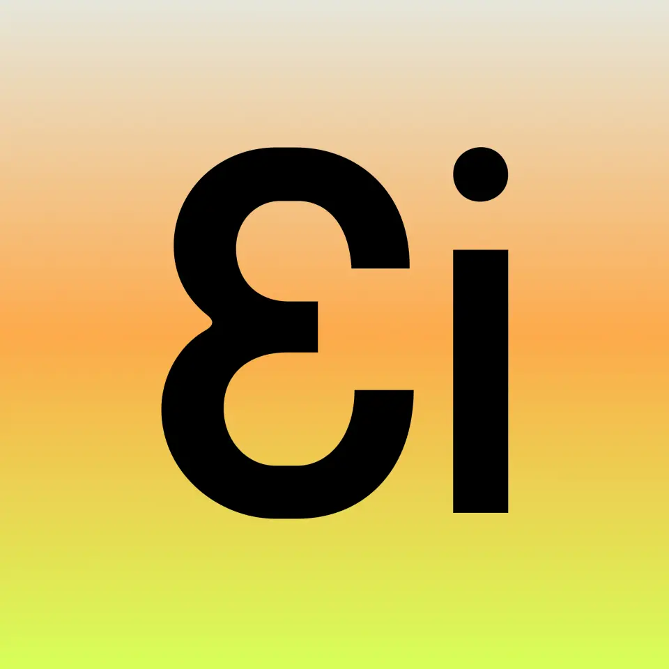 Black Ɛi logomark on an orange to yellow-green gradient background