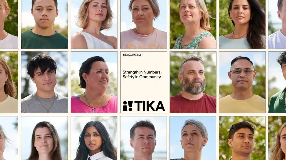 Grid of team portrait photos with the Tika logo