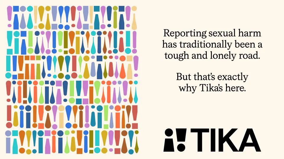 Tika poster with a colourful pattern of figures and the Tika logo