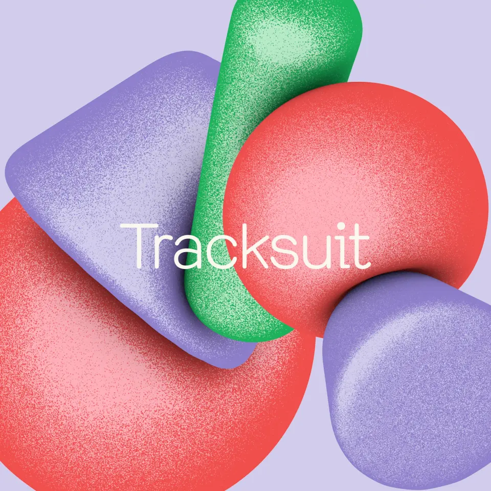 Tracksuit wordmark over abstract red, blue and purple shapes