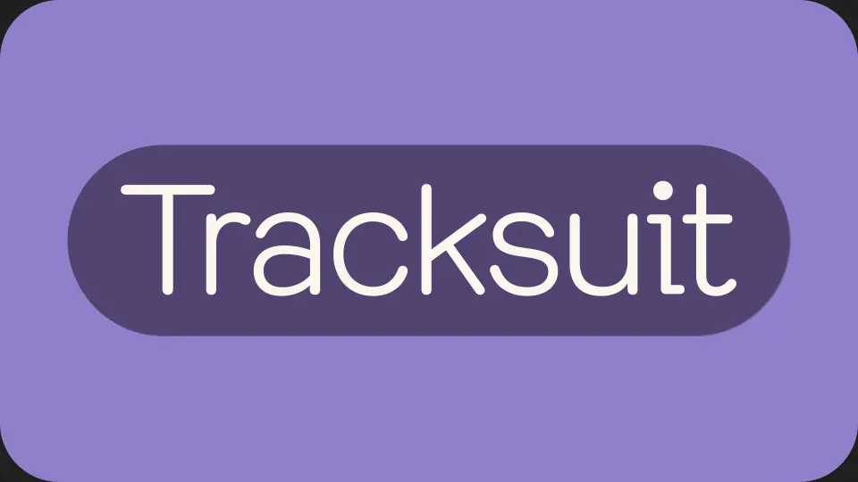 Tracksuit wordmark in a pill shape on a lilac background