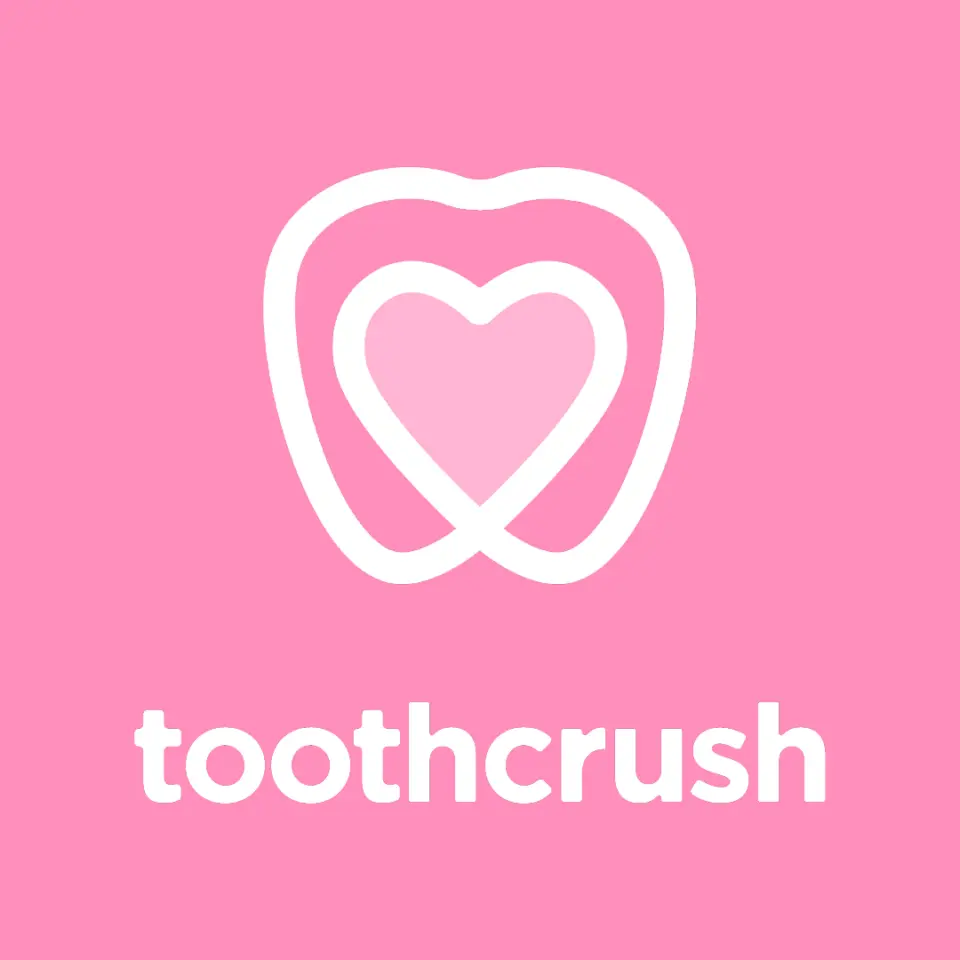 Toothcrush logo, a white heart-shaped tooth, on pink