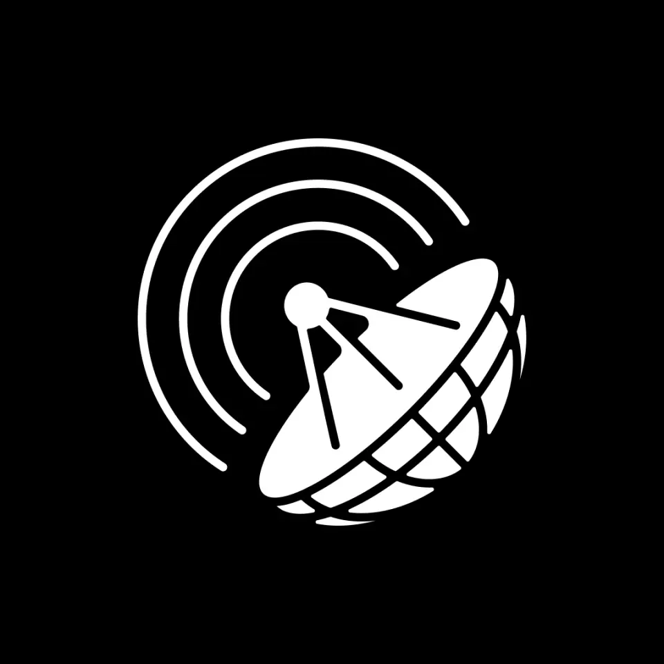 Satellite dish with signal rings in white on black, Drumbeat logo