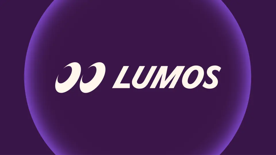 Lumos logo in white on a purple background